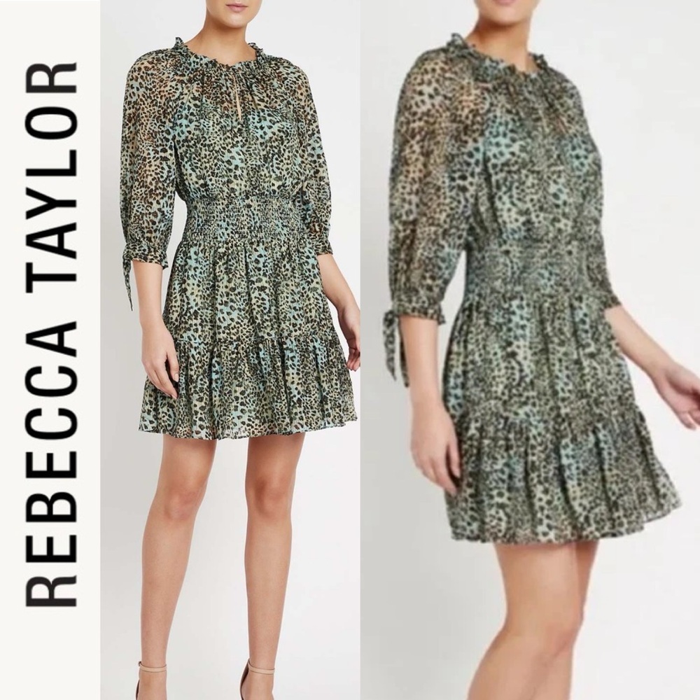 Rebecca Taylor Lynx Silk Burnout Smocked Long Sleeve Leopard Print Dress
